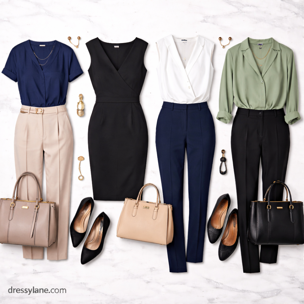 Flat lay of women’s professional work outfits featuring blouses, tailored pants, a sheath dress, handbags, and classic shoes arranged for modern office wear.