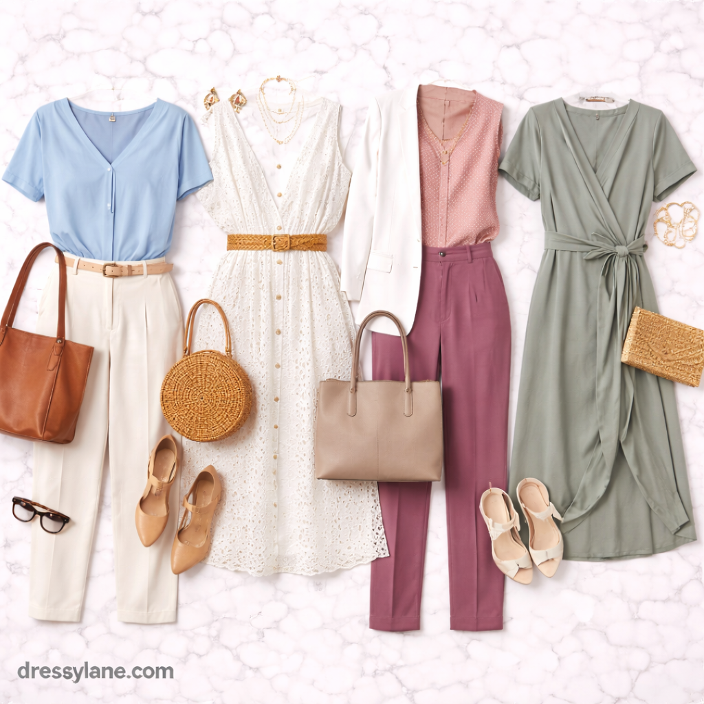 Flat lay of women’s breathable work outfits featuring lightweight blouses, dresses, trousers, shoes, and accessories styled for extreme heat.