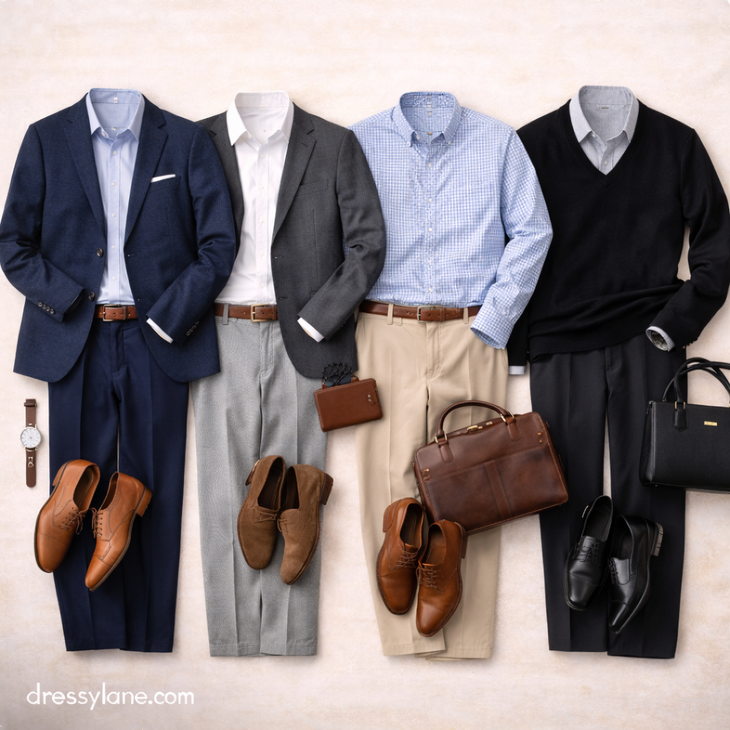 Men’s professional work outfits displayed as a flat lay with tailored trousers, structured jackets, button-down shirts, and polished shoes.