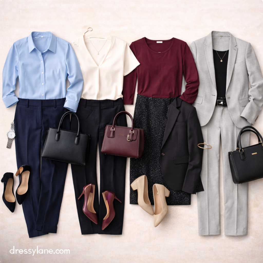 Women’s professional work outfits displayed as a flat lay with tailored trousers, blouses, blazers, structured bags, and polished heels.