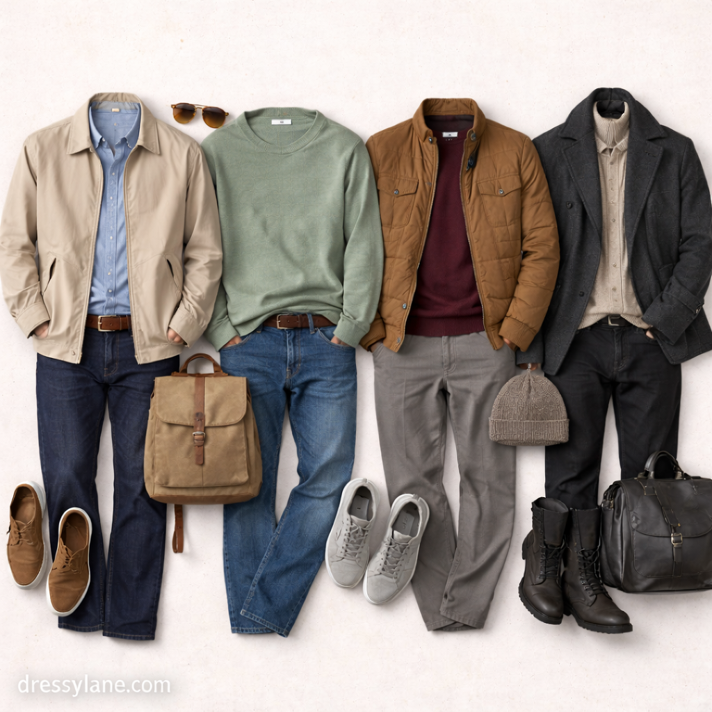 Flat lay of men’s versatile year-round outfits featuring layered jackets, sweaters, full-length pants, shoes, and coordinated accessories arranged on a neutral background.