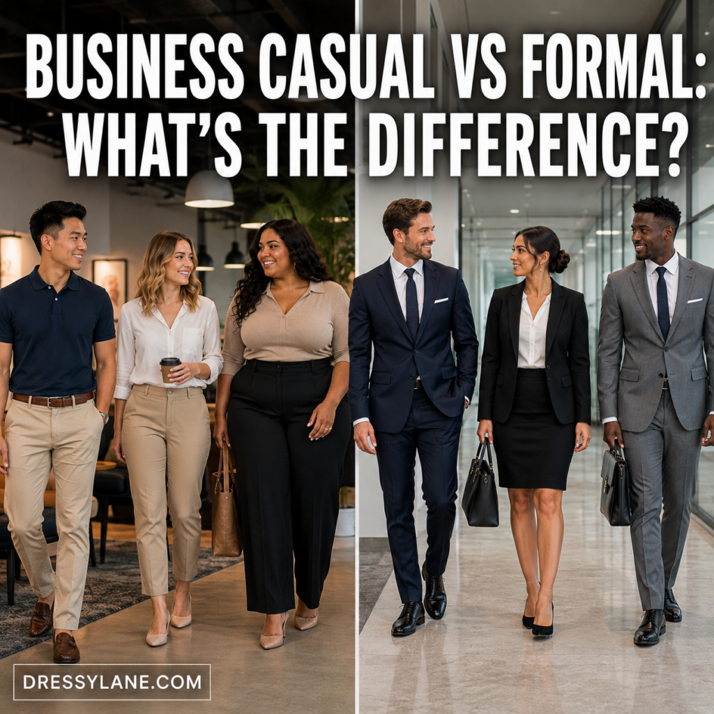 Side by side comparison of men and women wearing business casual outfits and formal professional attire in a workplace setting.