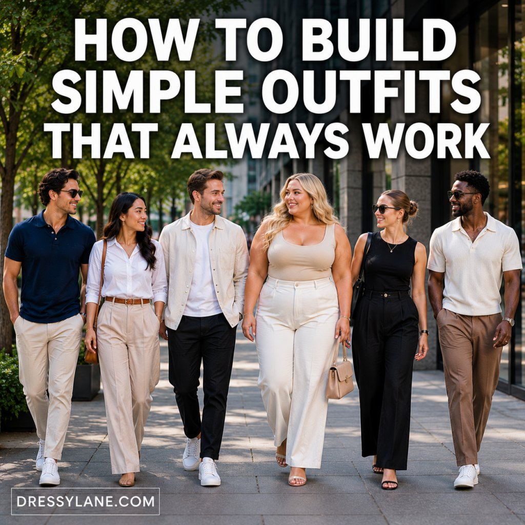 Diverse group of men and women wearing simple neutral outfits showing how to build easy, stylish outfits for everyday situations.
