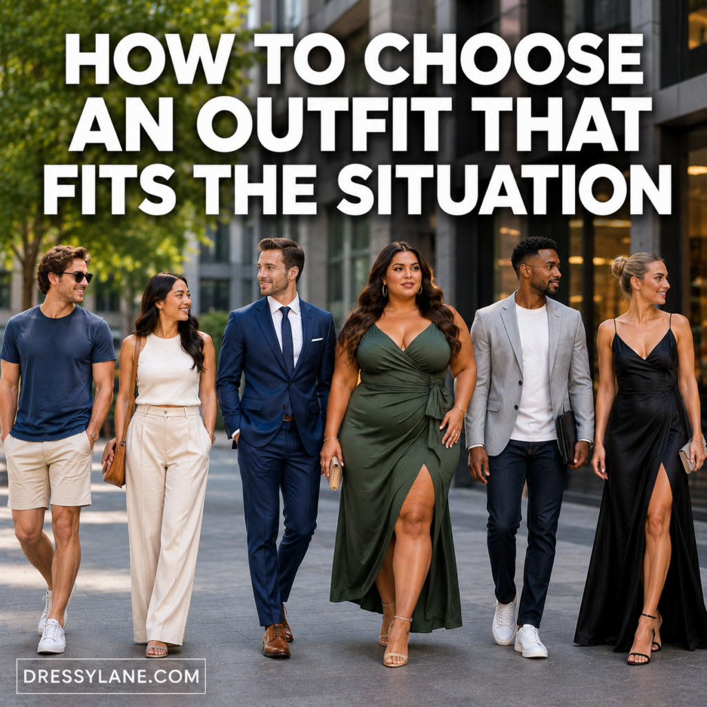 Diverse group of men and women wearing casual, business, and formal outfits illustrating how to choose an outfit for different situations.