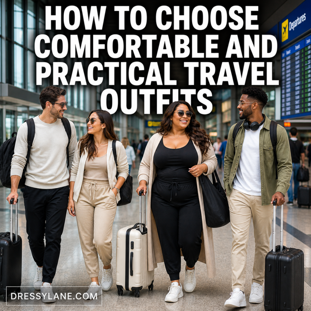 Diverse group of travelers wearing comfortable and stylish travel outfits while walking through an airport with luggage.