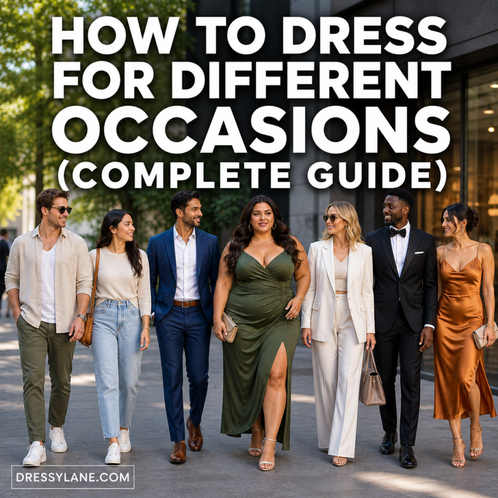 Diverse group of men and women in casual, business, and formal outfits showing how to dress for different occasions.