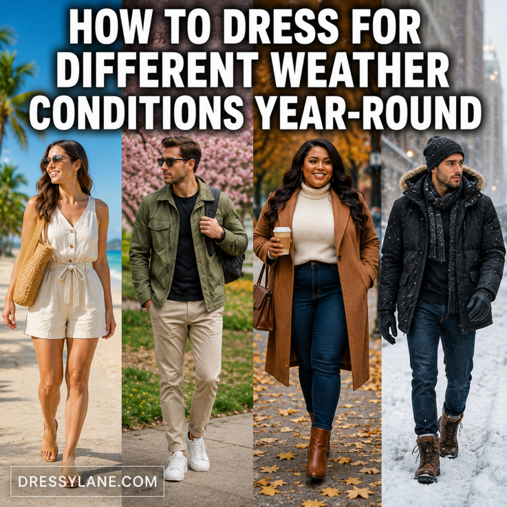 Men and women wearing stylish outfits for summer, spring, fall, and winter weather conditions throughout the year.