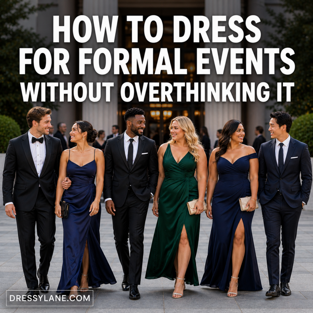 Diverse group of men and women wearing elegant formal outfits at an evening event showing simple and polished formal attire.