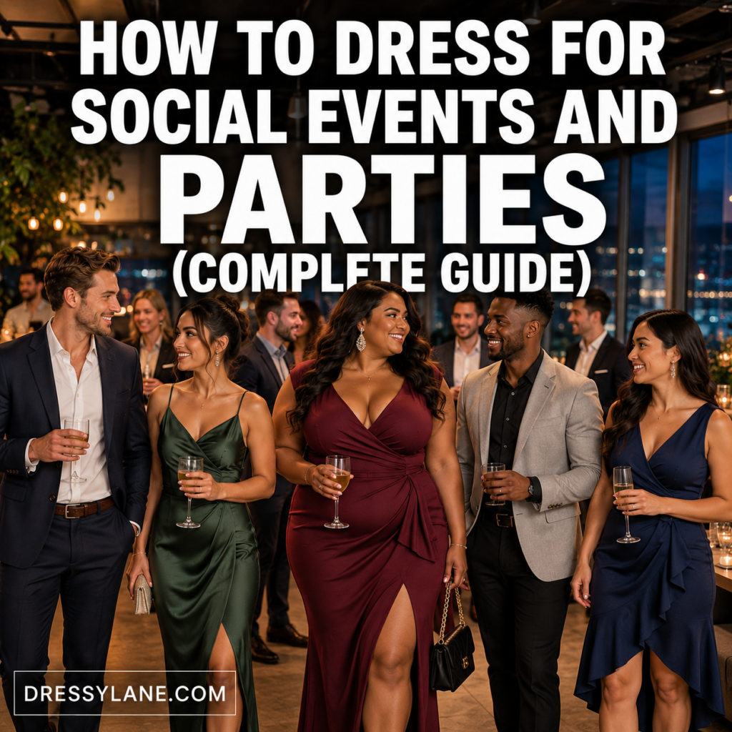 Diverse group of men and women dressed for a social event or party wearing cocktail and semi-formal outfits in a lively setting.
