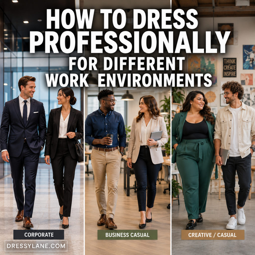 Men and women dressed in corporate, business casual, and creative workplace outfits showing professional dress styles for different work environments.