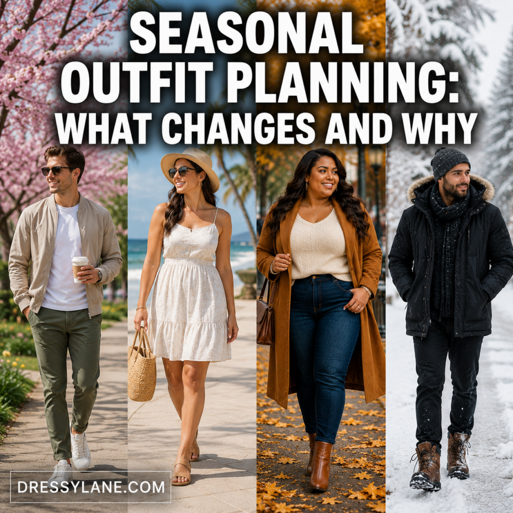 Men and women wearing seasonal outfits for spring, summer, fall, and winter weather conditions throughout the year.