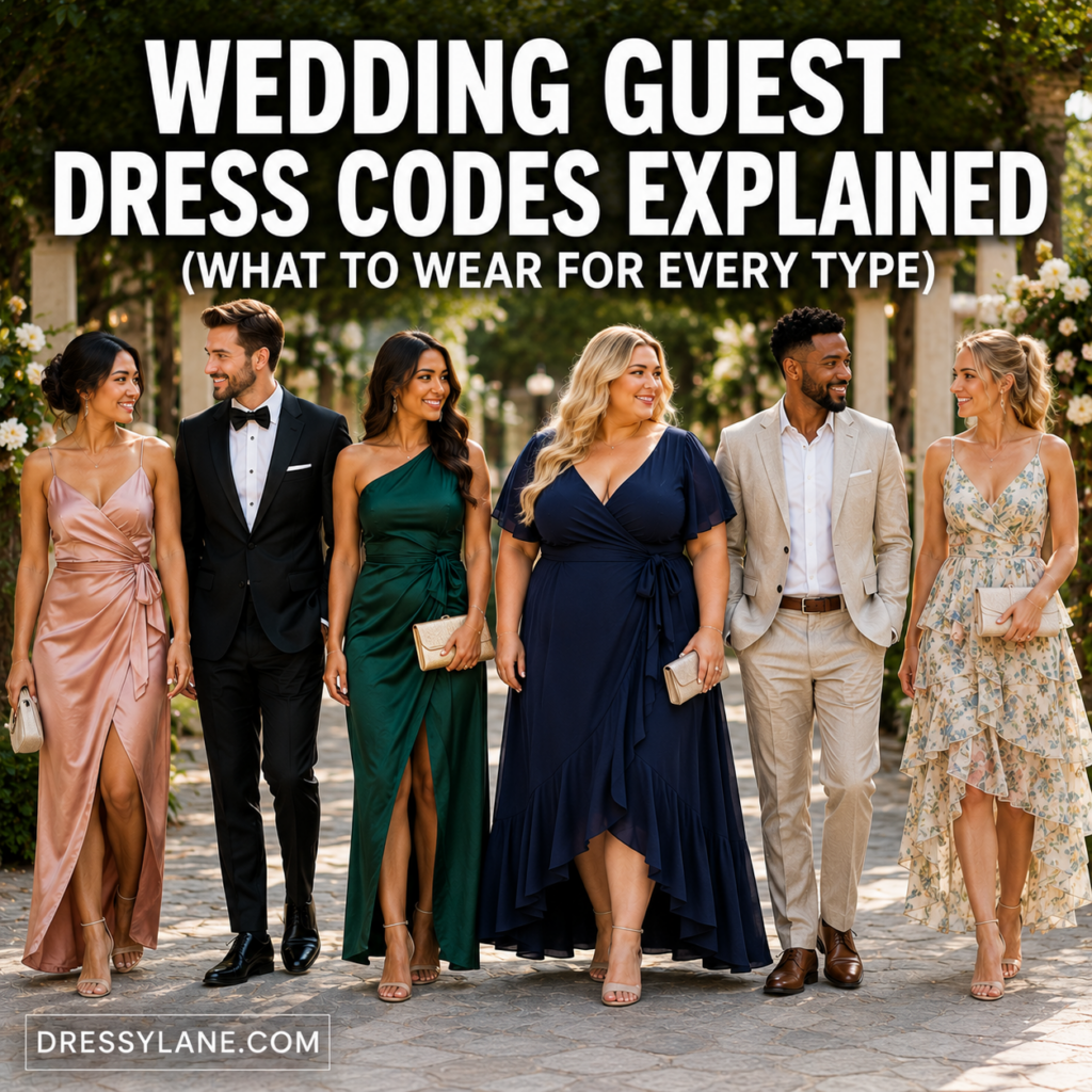 Diverse group of wedding guests wearing formal, cocktail, and casual outfits demonstrating different wedding dress code styles.