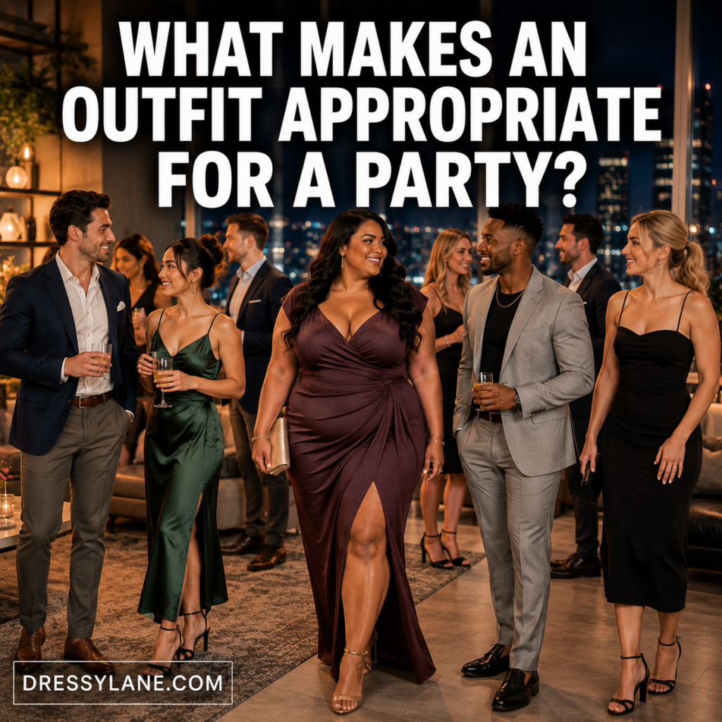 Diverse group of men and women wearing stylish outfits at a party showing appropriate attire for a social event.